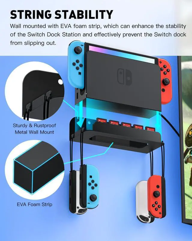 Alt view image 3 of 7 - Wall Mount for Nintendo Switch 1 and Switch OLED, Metal Wall Mount Shelf Kit with 5 Game Card Holders and 4 Joy Con Hooks, Safely Store Switch Console Near or Behind TV, Black