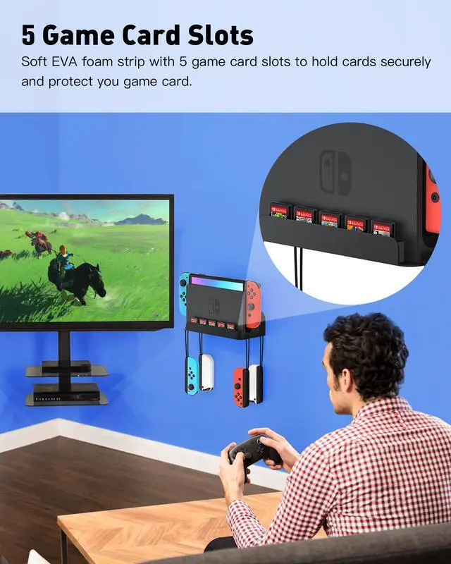 Alt view image 5 of 7 - Wall Mount for Nintendo Switch 1 and Switch OLED, Metal Wall Mount Shelf Kit with 5 Game Card Holders and 4 Joy Con Hooks, Safely Store Switch Console Near or Behind TV, Black