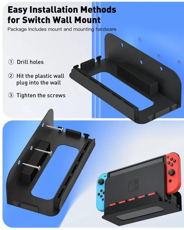 Alt view image 6 of 7 - Wall Mount for Nintendo Switch 1 and Switch OLED, Metal Wall Mount Shelf Kit with 5 Game Card Holders and 4 Joy Con Hooks, Safely Store Switch Console Near or Behind TV, Black