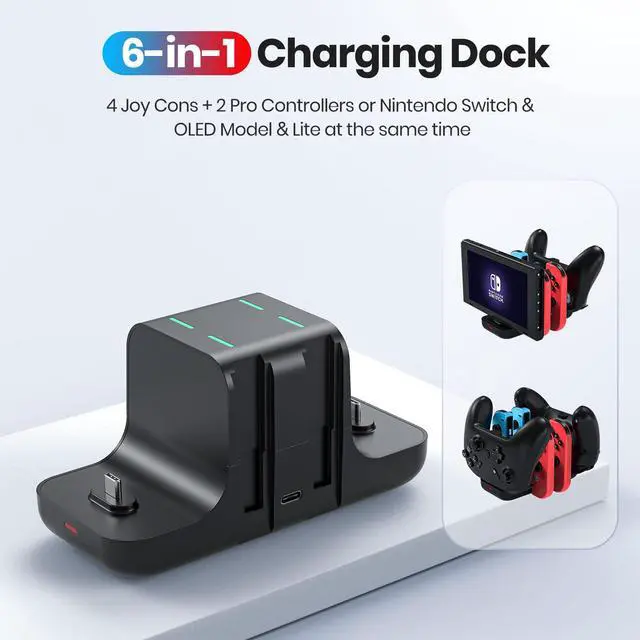 Alt view image 2 of 7 - Controller Charger Dock for Nintendo Switch Pro Controller and Joy con, 6-in-1 Fast Charging Dock Station for Switch & OLED Model & Lite with Charging Indicator and Type C Charging Cable