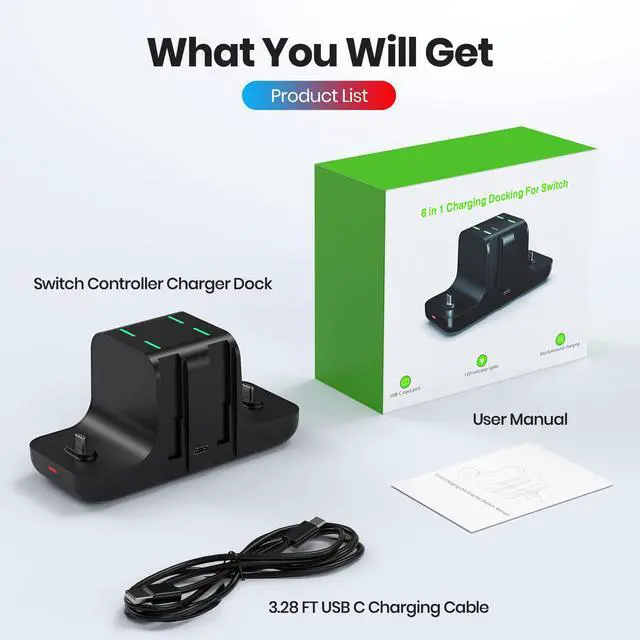 Alt view image 7 of 7 - Controller Charger Dock for Nintendo Switch Pro Controller and Joy con, 6-in-1 Fast Charging Dock Station for Switch & OLED Model & Lite with Charging Indicator and Type C Charging Cable
