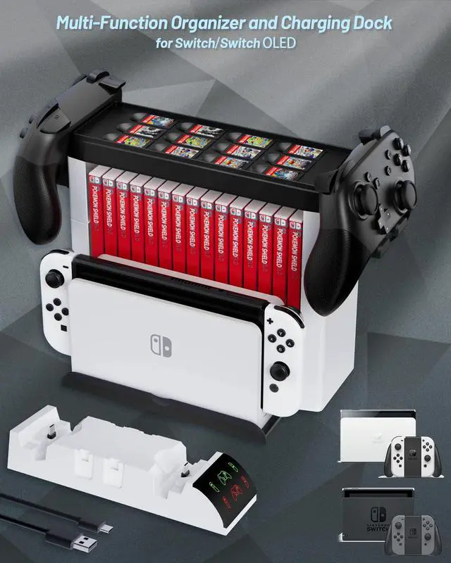 Alt view image 2 of 7 - Switch Organizer with Controller Charging Station, ZAONOOL Charger Stand for Nintendo Switch/OLED Joycon and Pro Controller, Accessories Storage Tower for Console, Games and Dock