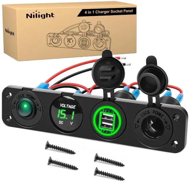 Main image of 4 in 1 ON Off Charger Panel Dual USB Power Outlet Green LED Voltmeter and Cigarette Lighter Outlet LED Lighted On-Off Rocker Toggle Switch for Truck Car Marine Boats RV