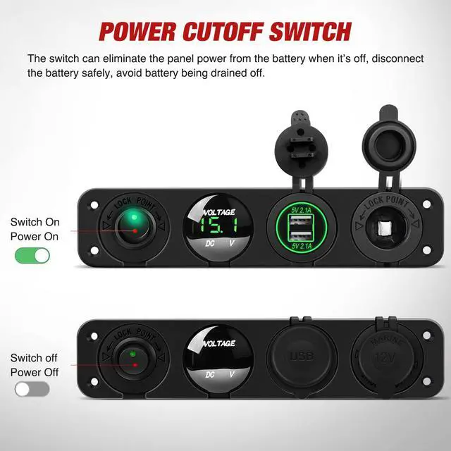 Alt view image 2 of 7 - 4 in 1 ON Off Charger Panel Dual USB Power Outlet Green LED Voltmeter and Cigarette Lighter Outlet LED Lighted On-Off Rocker Toggle Switch for Truck Car Marine Boats RV