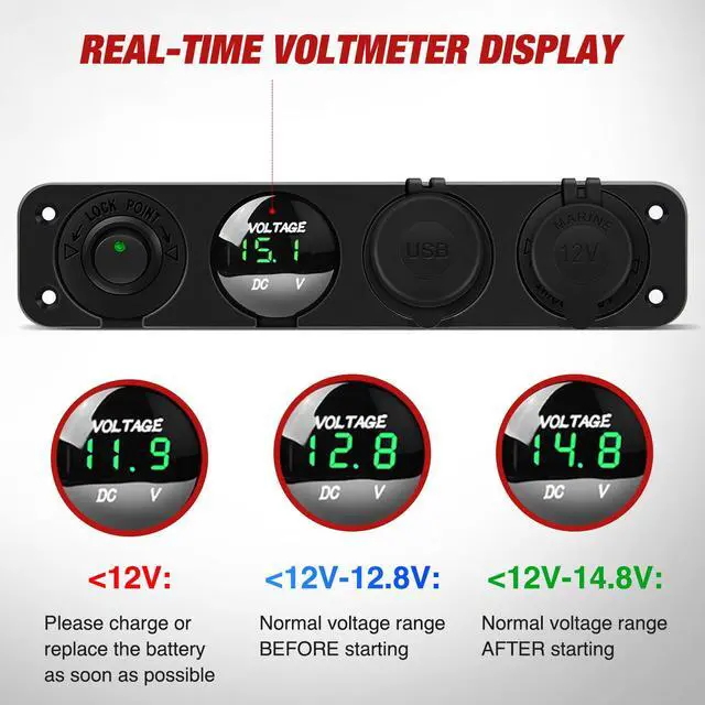 Alt view image 3 of 7 - 4 in 1 ON Off Charger Panel Dual USB Power Outlet Green LED Voltmeter and Cigarette Lighter Outlet LED Lighted On-Off Rocker Toggle Switch for Truck Car Marine Boats RV