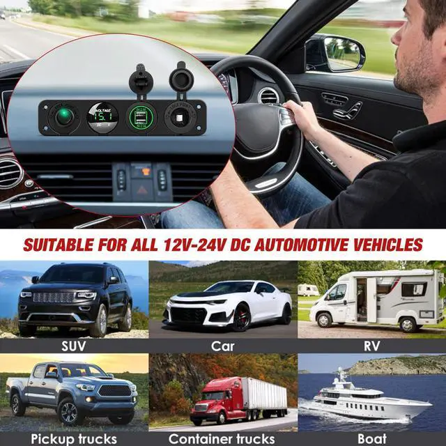 Alt view image 7 of 7 - 4 in 1 ON Off Charger Panel Dual USB Power Outlet Green LED Voltmeter and Cigarette Lighter Outlet LED Lighted On-Off Rocker Toggle Switch for Truck Car Marine Boats RV