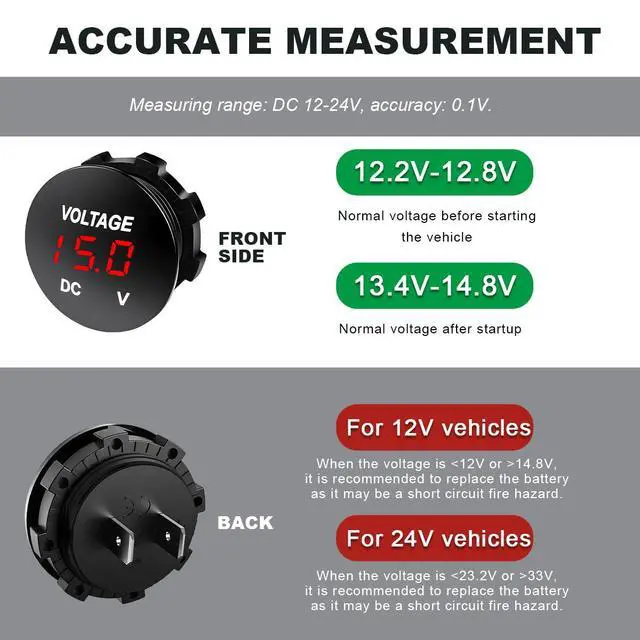 Alt view image 3 of 6 - DC 12V 24 V Voltmeter Gauge, Car LED Digital Display Round Panel Voltage Gauge Meter, Waterproof Mini Volt Tester Battery Monitor Indicator for Car Truck Marine Boat (Red)