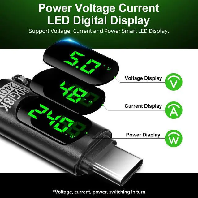 Alt view image 2 of 7 - 2 Pack 240W USB C Adapter with Digital Display,Voltage Current Power Meter Tester 80Gbps 60Hz Type C Male to Female Connector for iPhone 15/16,iPad,MacBook and USB C Cables