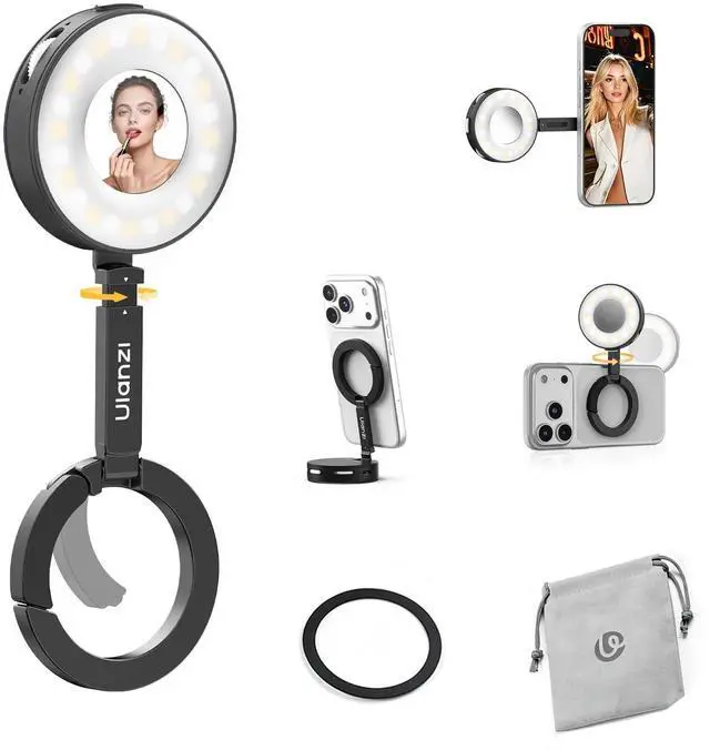 Main image of ML05 Magnetic Selfie Ring Light, Fill Light with Built-in Mirror, 2500K-9000K Dimmable Portable LED Flash, CRI97 Pocket Video Light for iPhone 17 16 Pro Max Series, Vlog Live Makeup Shooting