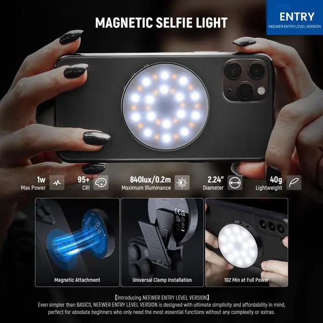 Alt view image 2 of 7 - Entry Level Version Magnetic Selfie Light Compatible with MagSafe iPhone, 1W Clip on Metal LED Phone Fill Ring Lighting for Laptop Video Conference Makeup Recording, CRI95+ 840lux/0.2m, NL32R