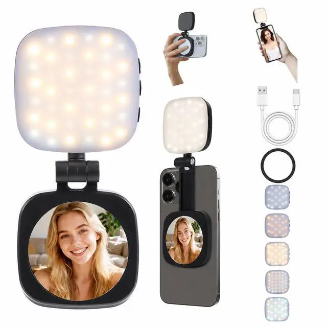 Main image of Magnetic Selfie Light, Compatible with MagSafe iPhone, CRI 95, 5 Color Modes, Rechargeable LED Phone Light with Mirror, Portable Ring Light for Vlog Makeup Photography Video Recording, Black