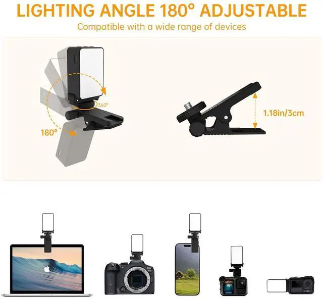Alt view image 3 of 7 - Mini Video Light, Selfie Light for Phone, Laptop, Camera, Gopro, DJI Action 5 pro, DJI Action 4-3, Conference Lighting with Clip & Camera Tripod Adapter Rechargeable 750mAh Black.