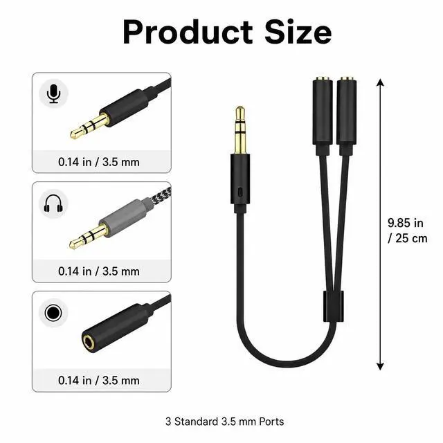 Alt view image 3 of 4 - 2Pcs 3.5mm Headset Splitter Cable, Female to Dual Male Adapter