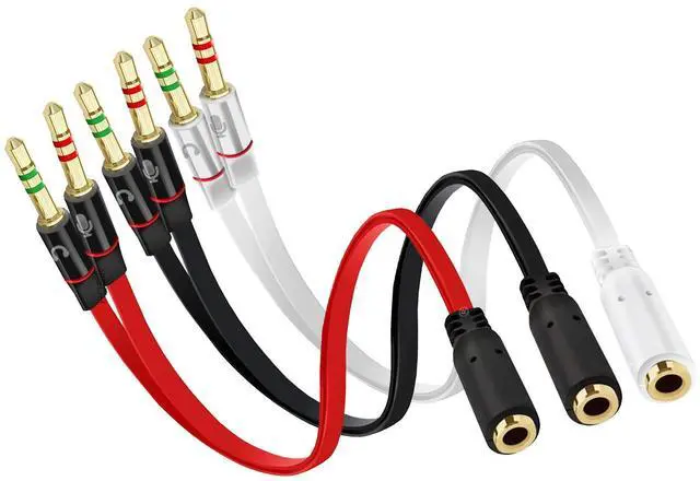 Main image of Headphone Splitter for Computer, 3-Pack Audio/Mic Splitter 3.5mm Female to 2 Dual 3.5mm Male Headphone Mic Audio Y Splitter Cable Smartphone Headset to PC Adapter, Black, Red, White