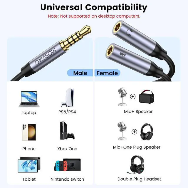 Alt view image 2 of 6 - 3.5mm TRRS Headphone Splitter, 1 Male to 2 Female Mic Audio Y Cable