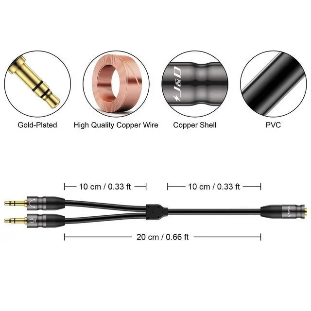 Alt view image 2 of 7 - 0.65 Feet Headphone Splitter Cable, 3.5mm Female to Dual 3.5mm Male Mic Splitter for PC, Laptop, Smartphone