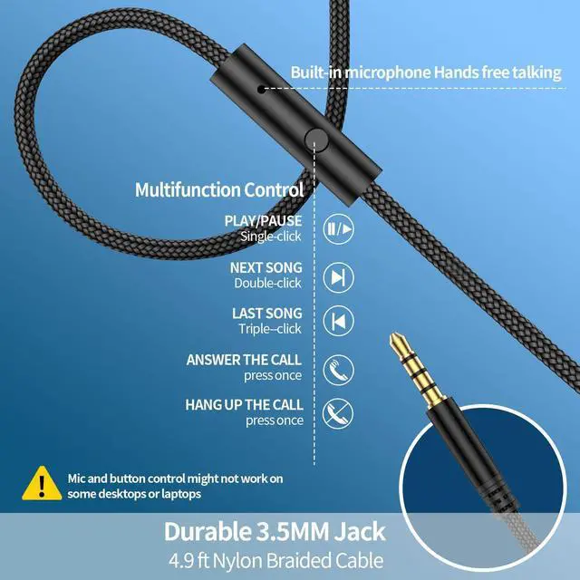 Alt view image 2 of 7 - W4 Wired Headphones, Mic, USBC Adapter & Pouch, Value Bundle | 3.5mm & Type C Connector, Steel Pin, Voice Assistant Access, 4.9ft Braided Cord, Soft Cushions, Foldable, Ages 12+, Black