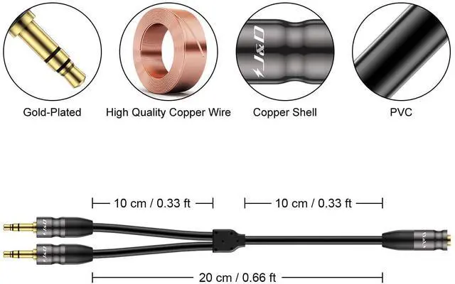 Alt view image 2 of 7 - 3.5 mm to 2X 3.5 mm Cable, Gold Plated Joint Copper Shell Heavy Duty 3.5mm 1/8 inch TRS Female to Dual 3.5 mm 1/8 inch TRS Male Y-Splitter Stereo Audio Adapter Cable, 0.65 Feet