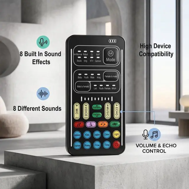 Alt view image 2 of 7 - Voice Changer Device, Universal I9 Portable Voice Changer Set,Live Broadcast Voice Disguiser Set Recording Mini Sound Card, 8 Different Sounds Sound Effects for Game Anchor Recording Computer
