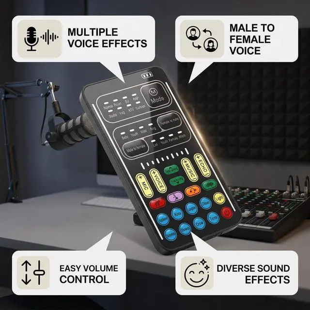Alt view image 3 of 7 - Voice Changer Device, Universal I9 Portable Voice Changer Set,Live Broadcast Voice Disguiser Set Recording Mini Sound Card, 8 Different Sounds Sound Effects for Game Anchor Recording Computer