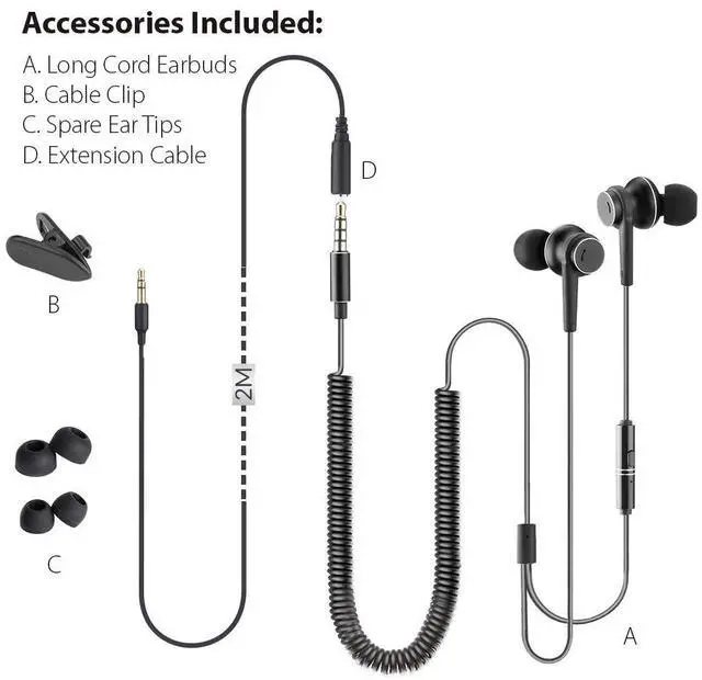 Alt view image 6 of 6 - Long Cord Earbuds for TV & PC, 18ft / 5.5m Extension Cable Earphones with Mic & Extra Long Spring Coil Wire, Metal Stereo in-Ear Wired Bass Headphones for 3.5mm Audio Output Devices - HF027