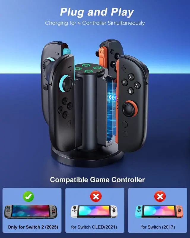 Alt view image 4 of 7 - Charging Dock for Nintendo Switch 2 Controller 2025, Charger Station for Joycon 2 with Charging Indicator, Compact Vertical Dual Direction Charge 4 Controller Stand (Black)