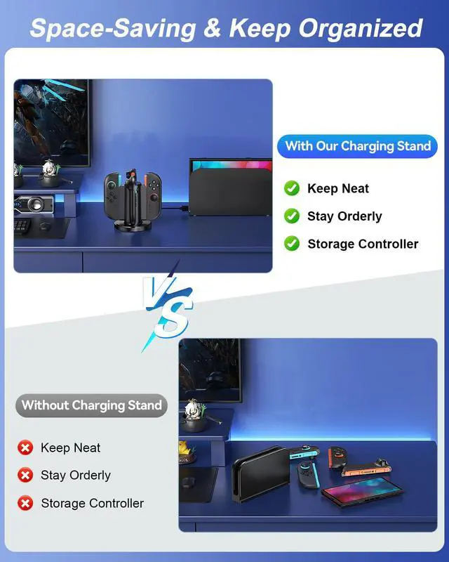 Alt view image 6 of 7 - Charging Dock for Nintendo Switch 2 Controller 2025, Charger Station for Joycon 2 with Charging Indicator, Compact Vertical Dual Direction Charge 4 Controller Stand (Black)