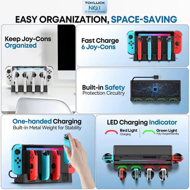 Alt view image 5 of 7 - Switch Charging Dock for Joycons, Controller Charger Station for Nintendo Switch/OLED Model, 2 Hour Joycon Charger, Storage & Organization Charging Stand for TV Dock Station, for Mac Compatible Game