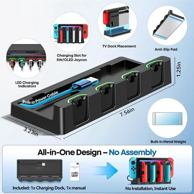 Alt view image 4 of 7 - Switch Charging Dock for Joycons, Controller Charger Station for Nintendo Switch/OLED Model, 2 Hour Joycon Charger, Storage & Organization Charging Stand for TV Dock Station, for Mac Compatible Game