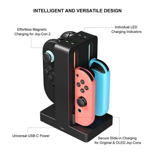 Alt view image 3 of 7 - Joycon Charger Dock for 4 Switch Controllers, Charger Dock Compatible with Nintendo Switch & OLED Model Joycons, Joycon Charger Stand Station with Charging Cable
