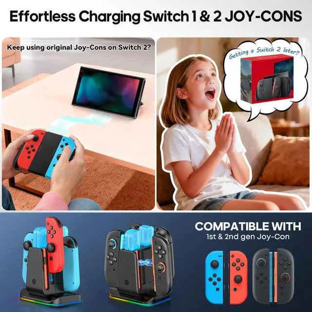 Alt view image 3 of 6 - Switch 1/2 Controller Charger for Nintendo Switch 1/ OLED Joycon, Charging Docking Station, Storage Stand with Charge Cable2-in-1 Charger Dock for Joy con 2/1 Accessories