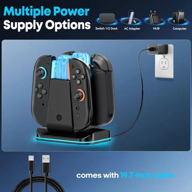 Alt view image 4 of 6 - Switch 1/2 Controller Charger for Nintendo Switch 1/ OLED Joycon, Charging Docking Station, Storage Stand with Charge Cable2-in-1 Charger Dock for Joy con 2/1 Accessories