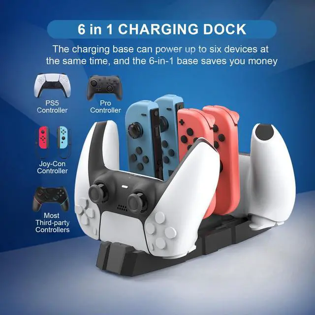 Alt view image 2 of 6 - Switch Controller Charger Station for Nintendo Switch & OLED, Pro Charging Dock for JoyCon/Pro/ PS5 Controller/Xbox, 6 in 1 Charging Stand Accessories for Nintendo Gamepad, Black