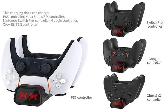 Alt view image 6 of 7 - 2-in-1 Fast Charging Dock for Switch Pro/PS5/Xbox Series X Controllers, Smart LED Indicator, Safe Charging with Overcharge Protection with USB-C Cable