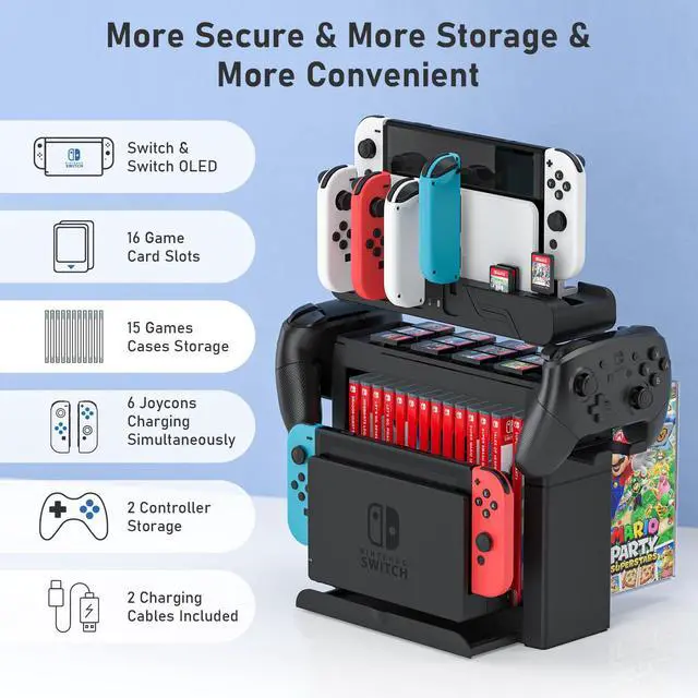 Alt view image 2 of 7 - Switch Game Storage with Controller Charger for Nintendo Switch & OLED Model, Switch Charging Dock Charges 6 Joycons, Switch Gaming Accessories Holder for Desk, Switch Game Gift Card Organizer (Black)