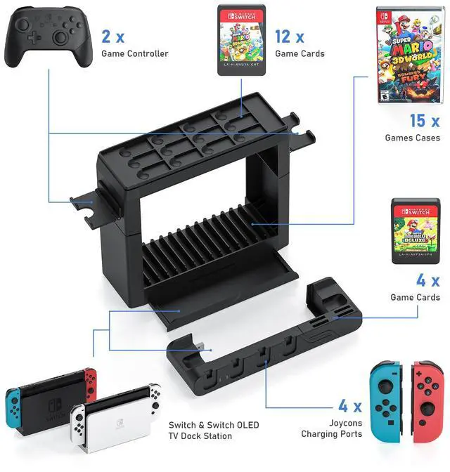 Alt view image 4 of 7 - Switch Game Storage with Controller Charger for Nintendo Switch & OLED Model, Switch Charging Dock Charges 6 Joycons, Switch Gaming Accessories Holder for Desk, Switch Game Gift Card Organizer (Black)