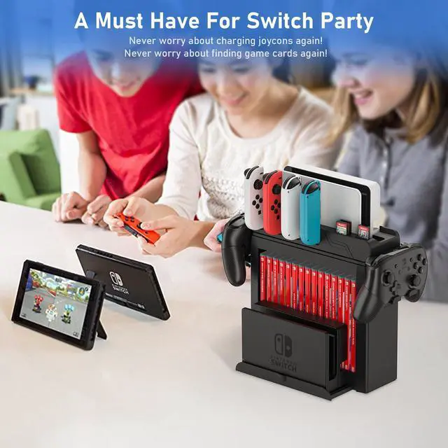 Alt view image 6 of 7 - Switch Game Storage with Controller Charger for Nintendo Switch & OLED Model, Switch Charging Dock Charges 6 Joycons, Switch Gaming Accessories Holder for Desk, Switch Game Gift Card Organizer (Black)