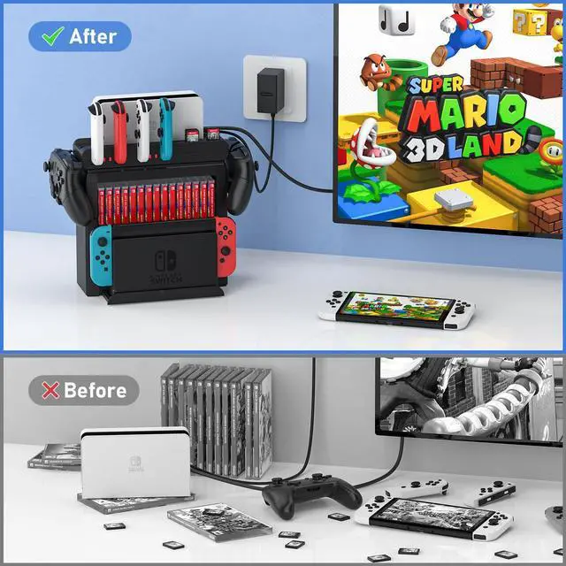 Alt view image 5 of 7 - Switch Game Storage with Controller Charger for Nintendo Switch & OLED Model, Switch Charging Dock Charges 6 Joycons, Switch Gaming Accessories Holder for Desk, Switch Game Gift Card Organizer (Black)