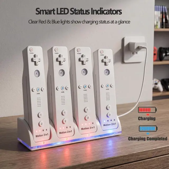 Alt view image 3 of 7 - 4-in-1 Charging Station for Wii&Wii U Remote Controller,Charger with 4 Rechargeable Battery Packs (4 Port Charging Station+4 pcs 2800mAh Replacement Batteries+USB Cable),Remote Not Included