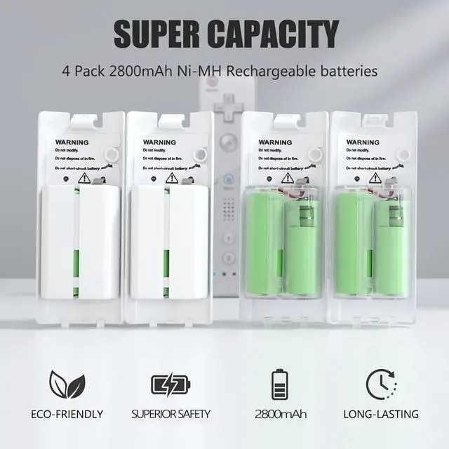 Alt view image 5 of 7 - 4-in-1 Charging Station for Wii&Wii U Remote Controller,Charger with 4 Rechargeable Battery Packs (4 Port Charging Station+4 pcs 2800mAh Replacement Batteries+USB Cable),Remote Not Included
