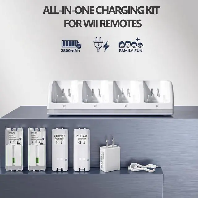 Alt view image 6 of 7 - 4-in-1 Charging Station for Wii&Wii U Remote Controller,Charger with 4 Rechargeable Battery Packs (4 Port Charging Station+4 pcs 2800mAh Replacement Batteries+USB Cable),Remote Not Included