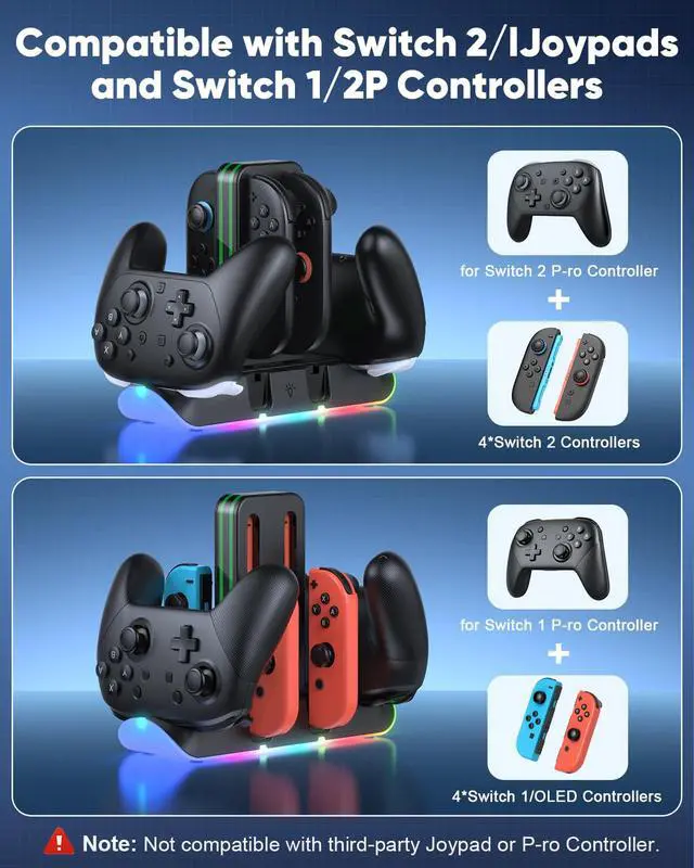Alt view image 2 of 7 - Switch 2/1/OLED Controller Charger, 6 in 1 Charging Dock Station for Joy Cons & for Pro Controller, Charging Stand USB Charging Indicator and USB Cable- Widely Compatibility