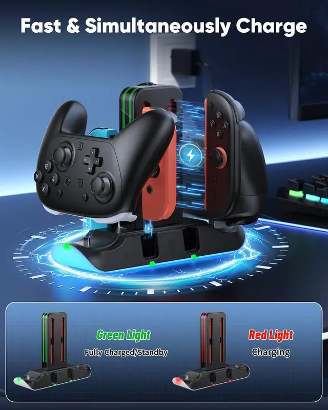 Alt view image 3 of 7 - Switch 2/1/OLED Controller Charger, 6 in 1 Charging Dock Station for Joy Cons & for Pro Controller, Charging Stand USB Charging Indicator and USB Cable- Widely Compatibility