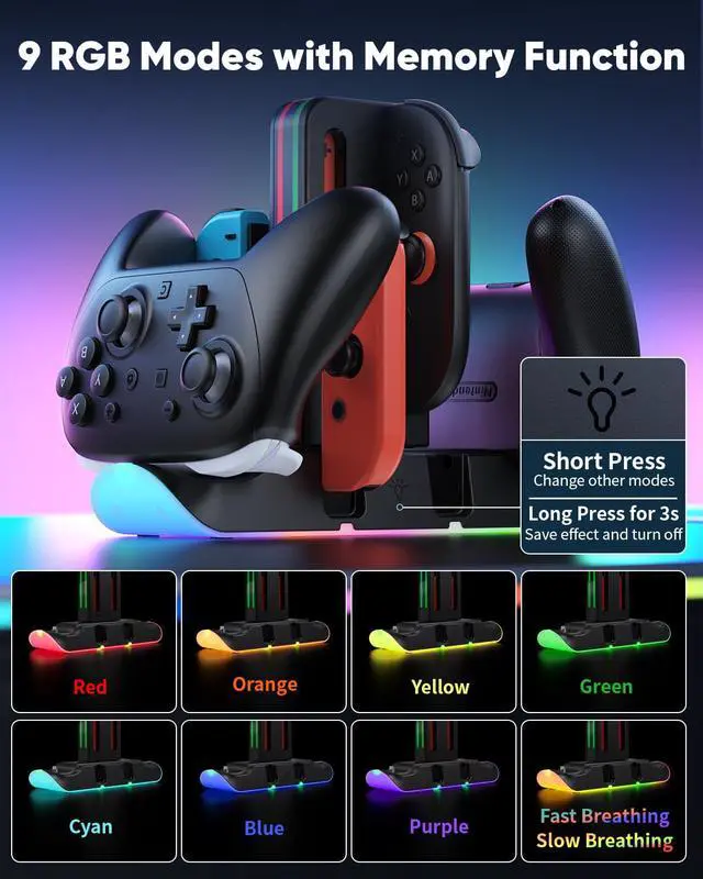 Alt view image 4 of 7 - Switch 2/1/OLED Controller Charger, 6 in 1 Charging Dock Station for Joy Cons & for Pro Controller, Charging Stand USB Charging Indicator and USB Cable- Widely Compatibility