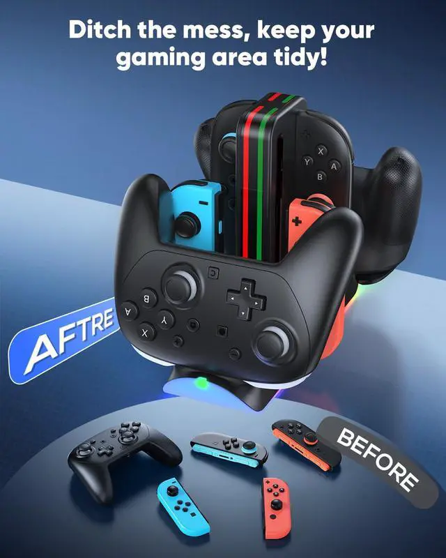 Alt view image 6 of 7 - Switch 2/1/OLED Controller Charger, 6 in 1 Charging Dock Station for Joy Cons & for Pro Controller, Charging Stand USB Charging Indicator and USB Cable- Widely Compatibility