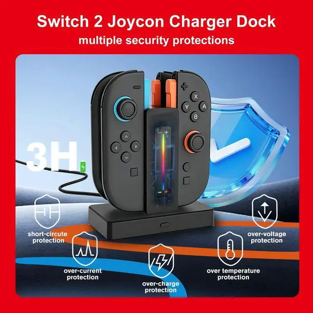 Alt view image 4 of 6 - Switch 2 Controller Charger Dock for Joycon 2 Charging, Controller Charging Dock for Nintendo Switch 2 Joycon, 4 in 1 Joycon2 Charger Dock Fast Charging Station Stand with Charger Cable & Indicator