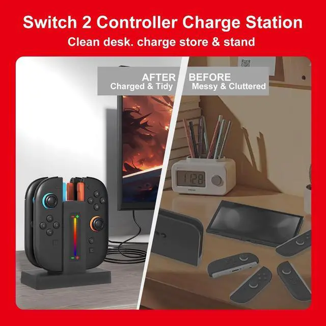 Alt view image 5 of 6 - Switch 2 Controller Charger Dock for Joycon 2 Charging, Controller Charging Dock for Nintendo Switch 2 Joycon, 4 in 1 Joycon2 Charger Dock Fast Charging Station Stand with Charger Cable & Indicator