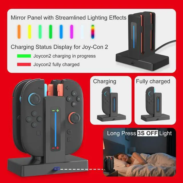 Alt view image 3 of 6 - Switch 2 Controller Charger Dock for Joycon 2 Charging, Controller Charging Dock for Nintendo Switch 2 Joycon, 4 in 1 Joycon2 Charger Dock Fast Charging Station Stand with Charger Cable & Indicator
