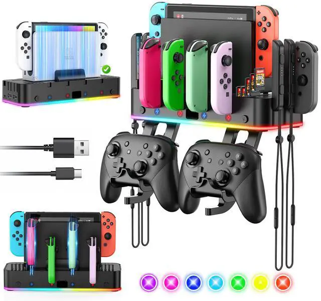Main image of Switch/OLED Wall Mount with RGB,Switch Organizer with Holder,Charging Dock for Joycon with 15 Light Mode,2 USB Ports,4 Controller Charger,10 Card Slots