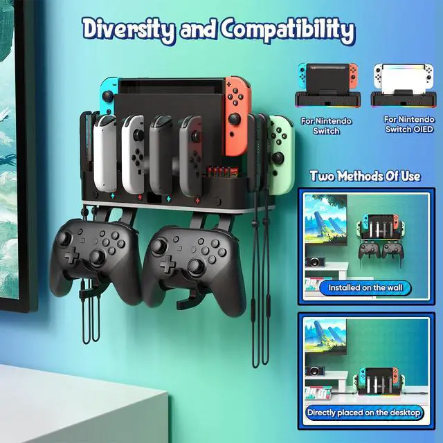 Alt view image 2 of 7 - Switch/OLED Wall Mount with RGB,Switch Organizer with Holder,Charging Dock for Joycon with 15 Light Mode,2 USB Ports,4 Controller Charger,10 Card Slots